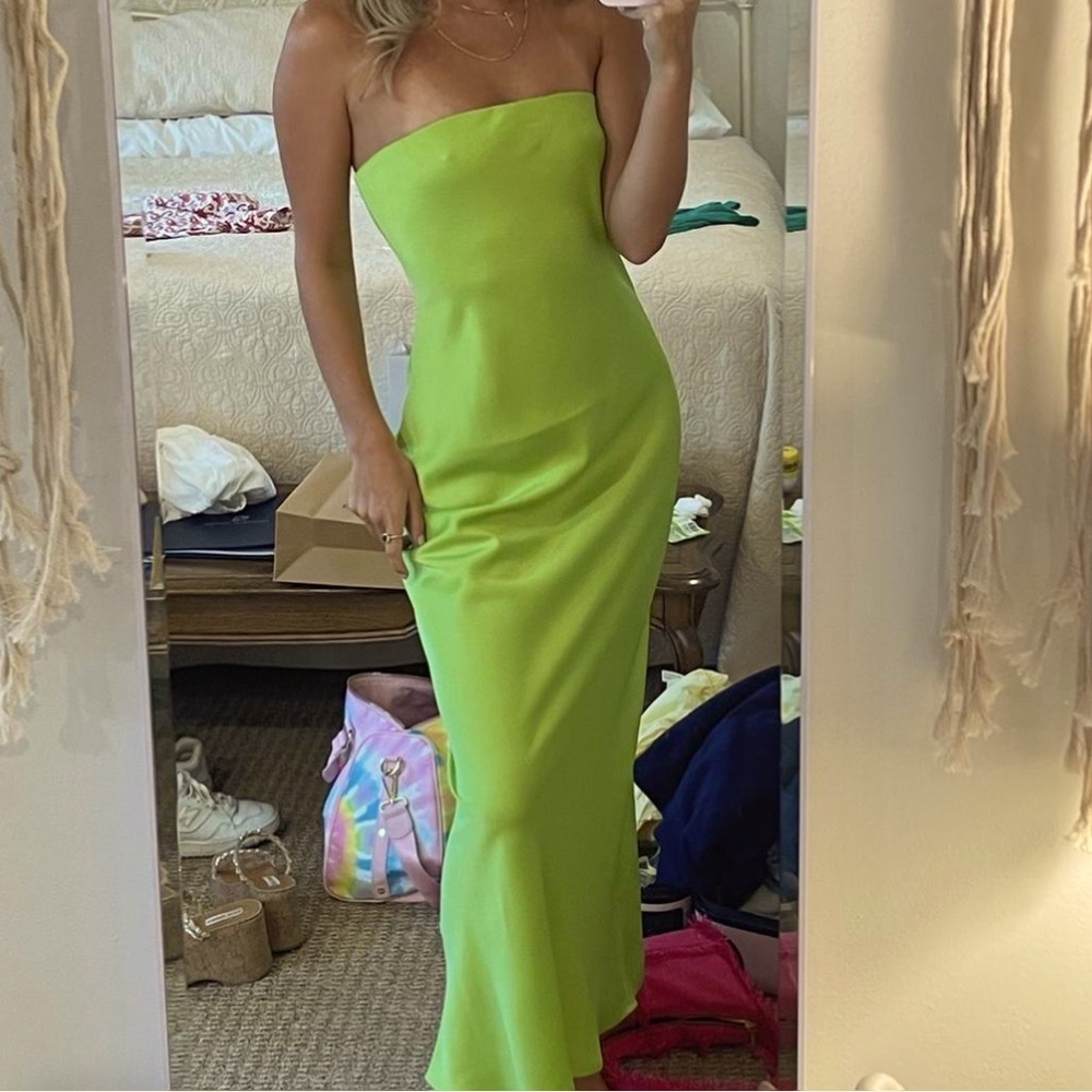 WAYF strapless matte satin bias gown